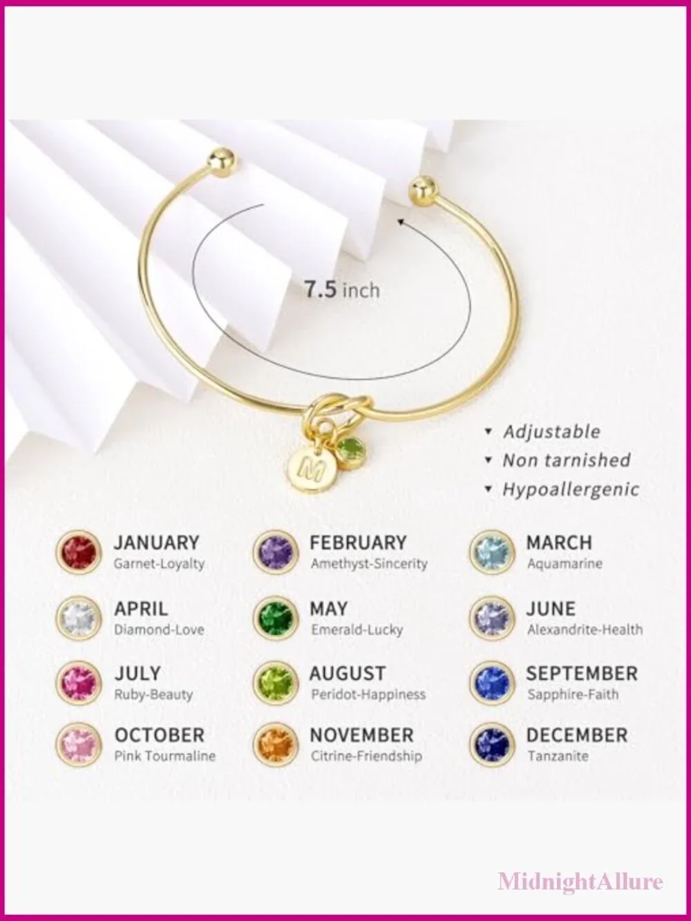 Initial Birthstone Bracelet Dainty 14K Gold Plated Knot Bangle Adjustable